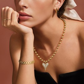 KELORIS PATH Heart Necklace for Women, 14K Gold Plated Chunky Puffy Pendant Charm Choker, Trendy Statement Ball Chain Jewelry Gifts Style 04