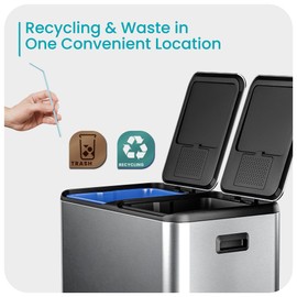 Home Zone Living 15.8 Gallon Kitchen Trash Can with Dual Removable Liners for Recycling and Trash, Stainless Steel Build with Soft and Slow Closing Lid, Silver