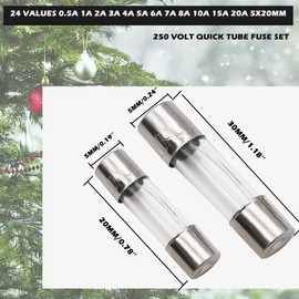 Sunxeke 24 Values 180pcs Quick Blow Glass Tube Fuses Assortment Kit 250V 0.5A 1A 2A 3A 4A 5A 6A 7A 8A 10A 15A 20A 5X20MM 0.5A 1A 2A 3A 4A 5A 6A 7A 8A 10A 15A 20A 6X30MM 250V Fast-Blow Glass Fuses Set