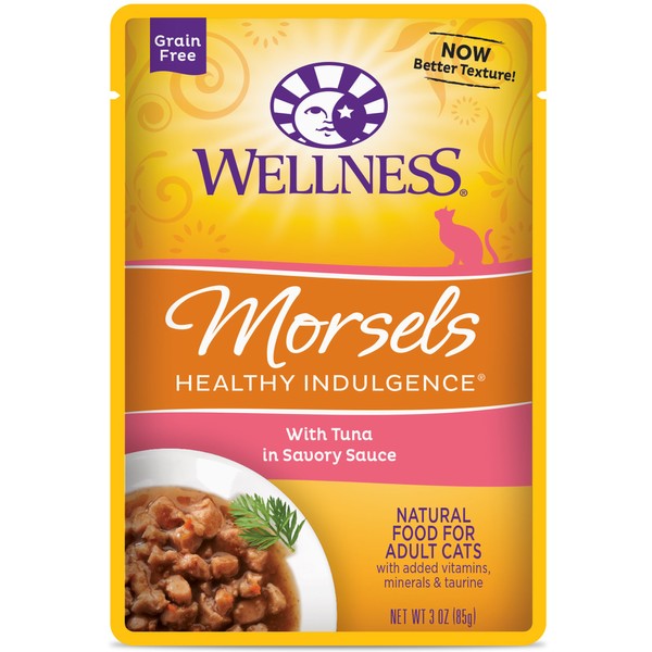 Wellness Healthy Indulgence Morsels Grain-Free Wet Cat Food, Made with Natural Ingredients and High-Quality Proteins, Complete and Balanced Meal, 3 oz Pouches (Tuna in Savory Sauce, 24 Pack)