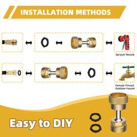 iFealClear Garden Hose Adapter, Swivel Brass Garden Hose Protector Connector, 3/4" GHT Flexible Pipe Kink Protector to Outdoor Faucet, Male to Female, Dual Rotation at Both Ends