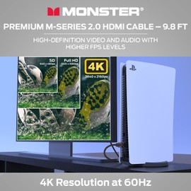 Monster Cable HDMI 2.0 de alta calidad certificado por la serie M, cuenta con 4K Ultra HD a una frecuencia de actualización de 60 Hz, chamarra Duraflex y blindaje de triple capa, 22.5 Gbps - 5 pies