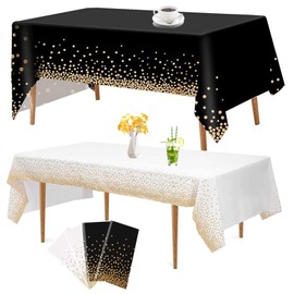 KingGair 4 Pack Disposable Table Cloths for Rectangular Tables, 54"x108" PVC Table Covers with Dots, Confetti Waterproof Tablecloth for Party Picnic Wedding Birthday (Black, White)