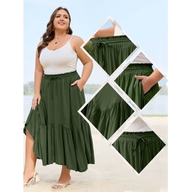 Moon Wood Women's Plus Size Boho Maxi Skirt Tiered Flowy High Waist Long Maxi Skirt with Pockets Green