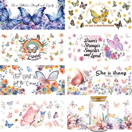 INCOK Aufkleber zum Aufkleben zum Basteln, 8 Bögen, Schmetterling, Aquarell, Blumen, UV-DTF, Glas-Tassen-Aufkleber für Wasserkelch, bunte Blumen, motivierende Zitate, Tassenverpackung, kreative