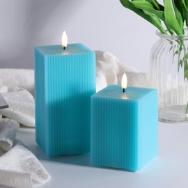 Girimax Turquoise Blue Square Ribbed Flameless Candles with Remote, Flickering Battery LED Wax Candles Set of 2