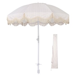 LAGarden Ocean 6Ft Beach Umbrella with Sand Anchor Push Button Tilt Outdoor Small Beach Parasol for Sand with Heavier Tassle Carry Bag Yard Picnic Garden Lawn Deck Wedding Pool Party Purple Stripe