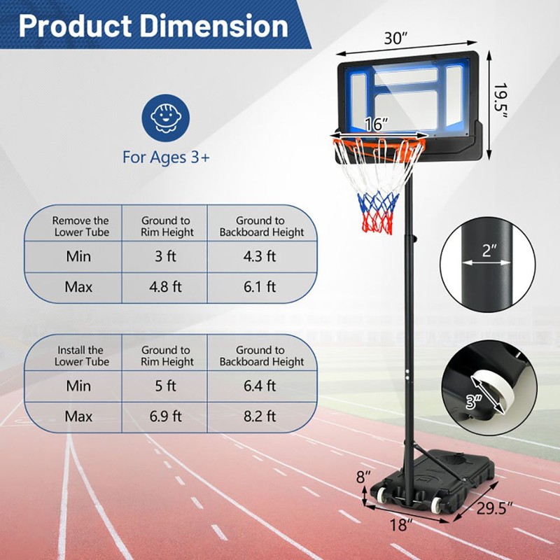 Adjustable Height Portable Basketball Hoop with Wheels 4.3-8.2 Feet Court