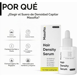 Sérum capilar Masofta para el crecimiento del cabello. Promueve el crecimiento y controla la caída del cabello. Contiene 3% de Redensyl, 5% de Capixyl, 4% de Anagain, 30 ml.