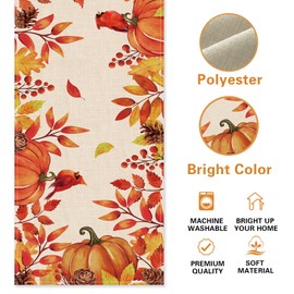 Croar Fall Pumpkin Leaves Cardinal Table Runner, Autumn Harvest Thanksgiving Red Birds Pine Cone Kitchen Dining Table Decoration, Seasonal Burlap Indoor Outdoor Home Decor Party Supply 13 x 72 Inch