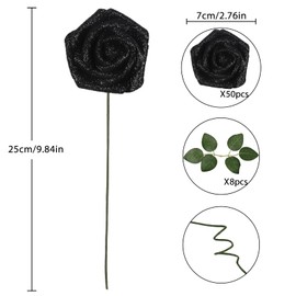 Uznaeoi Black Glitter Roses,50PCS Fake Roses 2.76" Foam Flowers Artificial Roses Artificial Flowers for Wedding Christmas DIY Wreath Home Table Floral Arrangement(Black)