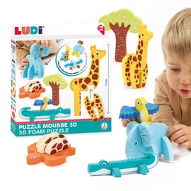Ludi - 3D Foam Puzzle - Adventure Toy - Building Game - From 18 Months - Stimulates Motor Skills and Develops Imagination - 18 Pieces Foam to Assemble - 5 Savannah Animals and 1