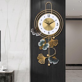 Large Wall Clock for Living Room, Round dial with Golden Green Leaves and Butterfly, Modern Silent Non-ticking Metal Wall Clocks for Kitchen Bedroom Study Office, 12.5x25.5inch (Gold Butterfly&Leaves)