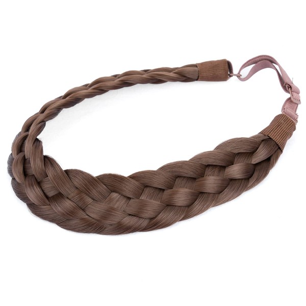 DIGUAN 5 Strands Synthetic Hair Braided Headband Classic Chunky Wide Plaited Braids Elastic Stretch Hairpiece Women Girl Beauty accessory, 56g (Chestnut)