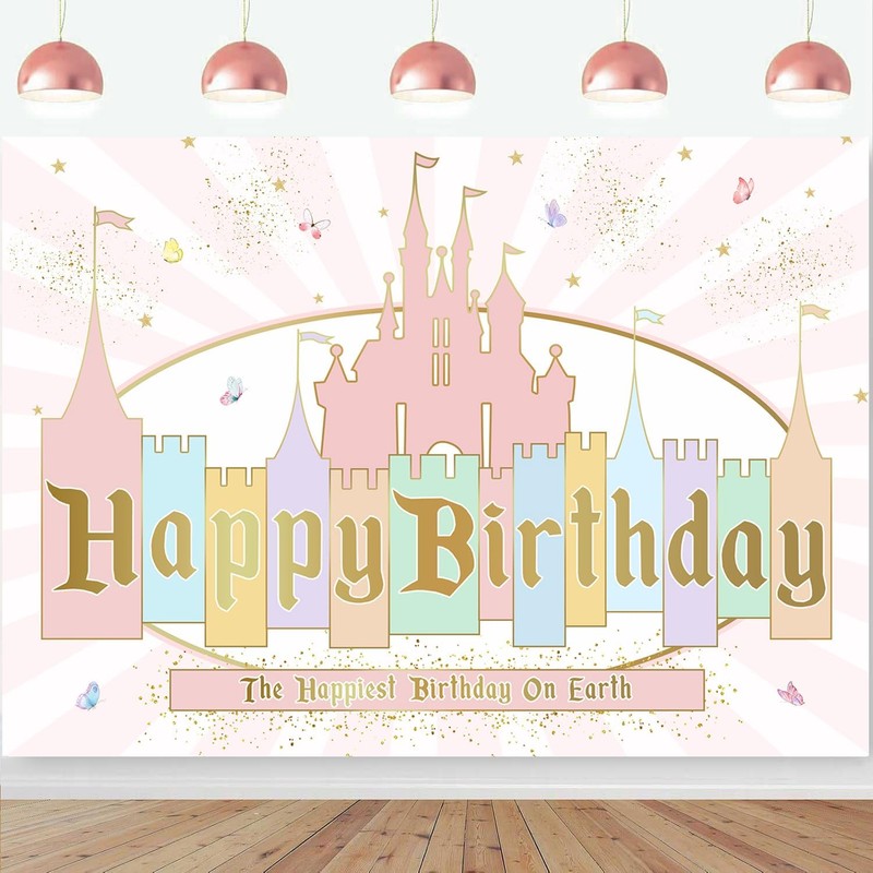 InMemory Princess Castle Birthday Backdrop Girls Pink Pastel Banner