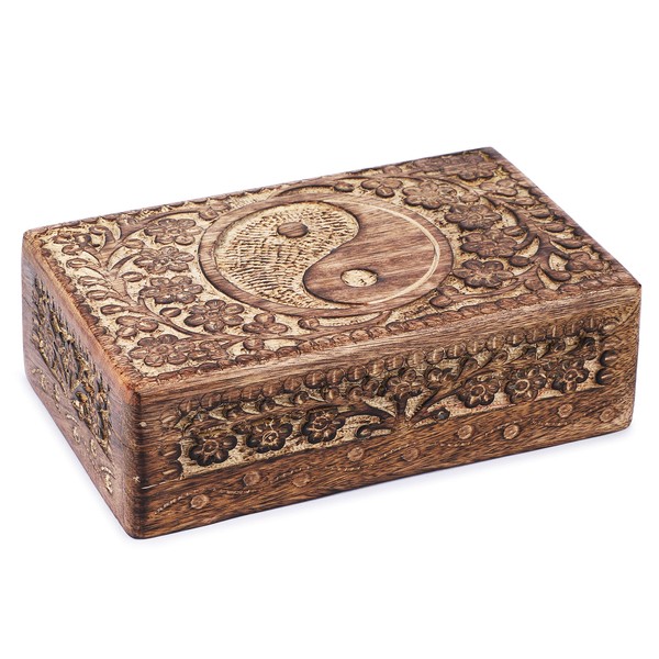 Ajuny Wooden Box Hand-Carved Decorative with Tai-Chi Carvings, Multi-purpose Use