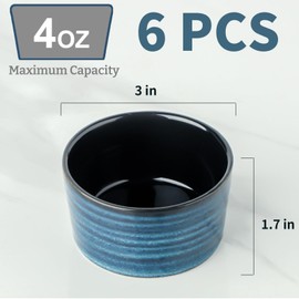 Glowworm Ceramic 4 Oz Ramekins, Dipping Sauce Bowls Set of 6, Creme Brulee Dish for Baking Pudding, Souffle, Serving Dip, Custard, Ice Cream, Oven Safe, Blue