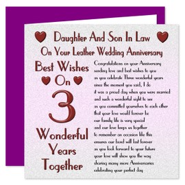 Daughter & Son In Law 3rd Wedding Anniversary Card - On Your Leather Anniversary - 3 Years - Sentimental Verse