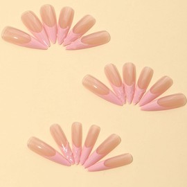 Long Stiletto Press on Nails Fake Nails French Tip False Nails Almond Fake Nails Swirl Stick on Nails Glossy Pink Glue on Nails Cute Artificial Nails for Women 24pcs