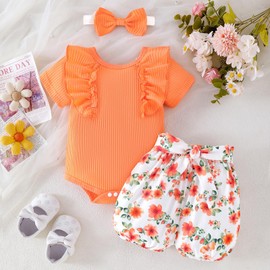 Dimoybabe Baby Clothes for Girls 3 Months Summer Infant Outfit Cute Ruffle Romper Short Set Solid Orange 3-6 Months