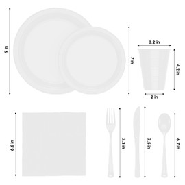 350 Pcs White Plastic Plates For Party, White Disposable Plates Set, 50 Of Each 9" Dinner Plate Set, 7" Dessert Plate, Cups, Napkins & Cutlery Plastic Dinnerware Party Solids