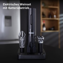 Haier Elektrisches Weinset mit Akku, einschließlich Dekantieraufsatz und Tropfschutz in Tulpenform, Korkenzieher mit Akku, Kapselschneider, 2 Vakuumverschlüsse, Aufbewahrungsbasis, Premiumqualität