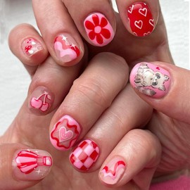 Short Square Press on Nails Valentine’ s Day Fake Nails Pink Red False Nails with Designs Full Cover Glue on Nails Cute Cat Flower Cherry Hearts Acrylic Nails Glossy Stick on Nails for Women 24Pcs