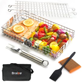 Adjustable Grill Basket with Removable Handle, Silicone Basting Brush, and Steel-fiber Scrub Sponge – 16 x 7.25 x 2.25 Inches – Includes Carry/Storage Bag