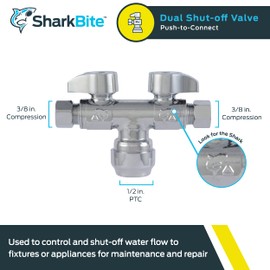 SharkBite Dual Shut Off Quarter-Turn Brass Ball Valve, 1/2 Inch Push to Connect x 3/8 Inch OD Compression x 3/8 Inch OD Compression, Chrome, SBDS123838