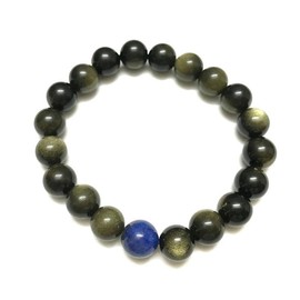 LKBEADS Unisex gem gold obsidian with lapis lazuli 10mm round smooth beads stretchable 7 inch bracelet for men,women-Healing, Meditation,Prosperity,Good Luck Bracelet
