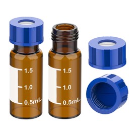 Membrane Solutions 2mL Autosampler Vials, Membrane Solutions HPLC Vials, 9-425 Lab Amber Vials with Write-on Spot and Graduations, 9mm Blue ABS Screw Caps & Septa for GC Sample Vials, 500 Pcs