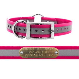 Outdoor Dog Supply's 1" Wide Reflective Ring in Center Dog Collar Strap with Custom Brass Name Plate (21" Long, Reflective Pink)