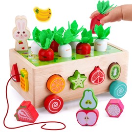 YGJT Montessori Motor Skills Toy from 1 Year Toy 6 in 1 Wooden Plug-In Game Sorting Game Carrot Harvest Stacking Game Educational Toy Easter Birthday Gift for 2 3 Years Girls Boys