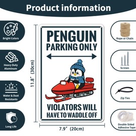 Penguin Parking Only Aluminum Signs 8in×12in, Sturdy Aluminum Metal Signs Rust Free, Cute Penguin Gifts for Women Kids - Penguin Party Decorations Figurines Toys Stuff (100)