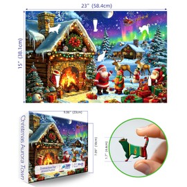 Christmas 500 Piece Jigsaw Puzzles for Adults Northern Lights Cabin Puzzle Santa Reindeer Scene Winter Holiday Landscape Puzzle with Letters on Back Art Fun Festive Gift for Family Seniors (23x15in)