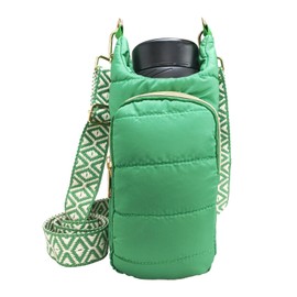KAMEILONG Puffer Water Bottle Holder Quilted Hydrobag Sports Pouch Bag with Adjustable Shoulder Strap Flask Sling Bag (Green)