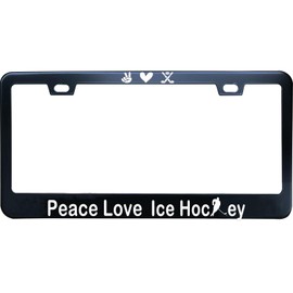 ZzUSoo Ice Hockey Peace Love License Plate Frame, 12 X 6 Inch Black Stainless Steel Car Tag Frame for Women/Men, with 2 Holes & Screws