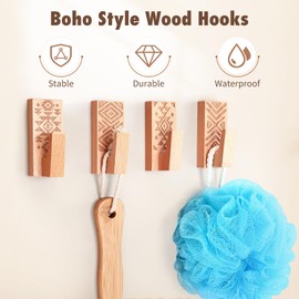 Amyhill 8 Pack Decorative Wall Hook, Adhesive Boho Style Wooden Hooks for Hanging Hat, Coat, Bag, Jacket - No Damage Wall Mount Towel Hangers, Farmhouse Decor