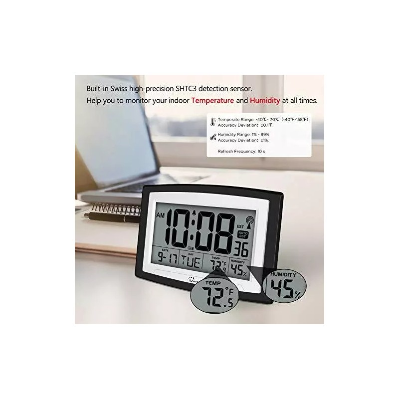 WallarGe Digital Atomic Wall/Desk Alarm Clock Large Display With Temperature