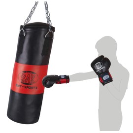 'Bay Fire Swirls Plus Boxing Set for Junior 9 kg gefüllt 85x28 cm Punch Bag Boxing Set Punch Bag + Gloves and Ceiling Hook Hook/Children's Junior Teens – Black/Red, Complete with Steel Chain, Boxing Set Kids Kids Set Set Boxing Gloves – Teens