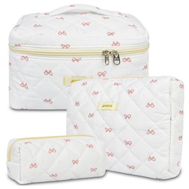 AMZMA Makeup Bag Travel Cosmetic Bag, 3 PCS Quilted Make Up Bags for Women Makeup Organizer Case, Coquette Makeup Pouch Travel Essentials Toiletries Accessories