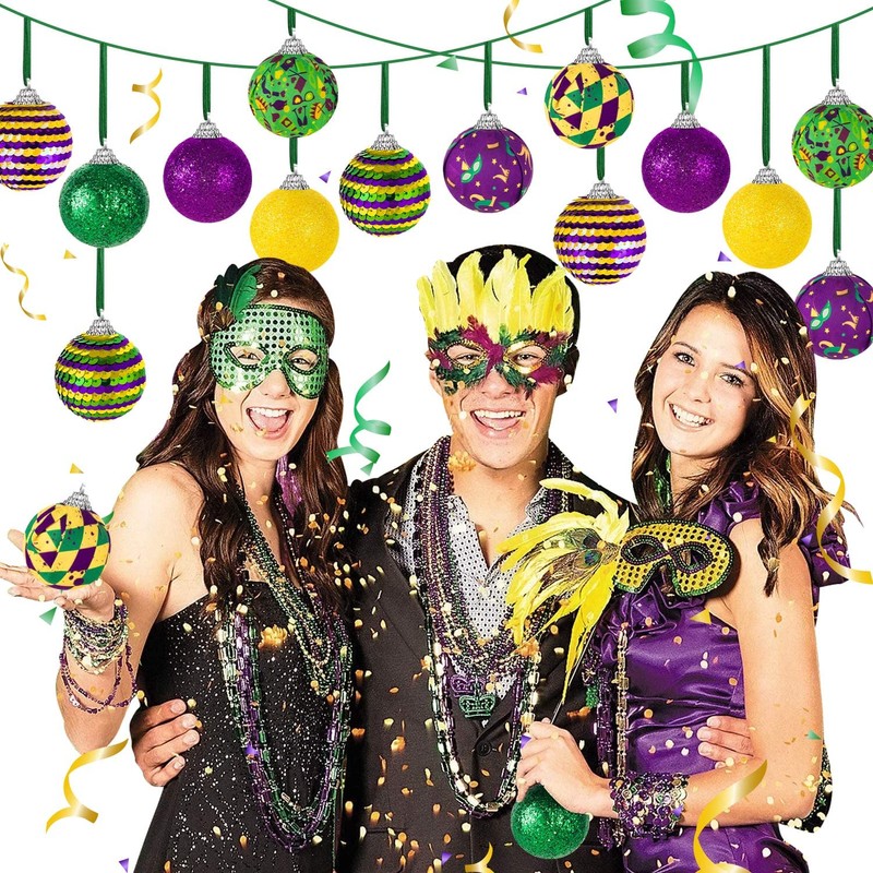 16Pcs Mardi Gras Ball Ornaments, Shatterproof Mardi Gras Decoration Tree