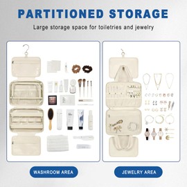 Inmorven Travel Hanging Toiletry Bag for Women, Makeup Cosmetic Bag with Jewelry Organizer, Waterproof DoppKit Set for Girls Large Capacity, Carry-on Travel Accessories Essentials - White