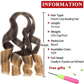 Xtrend 14 Inch Short Pre Stretched Curly Braiding Hair 8 Packs French Curly Braids Hair Yaki Texture For Spanish Crochet Hair Synthetic French Curly Braiding Hair Women Extensions（14 Inch,T27#）