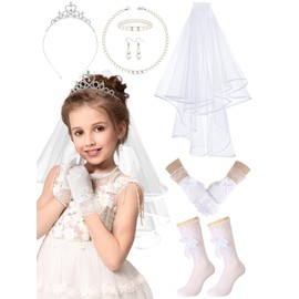 Fourluoo 7 Pcs First Communion Veil Set for Girls Crown Lace Veils Gloves Socks Pearl Necklace Bracelet Earrings Kid Wedding (8-12 Years Old)