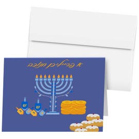 A Freilichen Chanukah Hanukkah Greeting Cards and Envelopes – Hebrew/Yiddish Blue Menorah, Dreidel, Gold Coins, Sufganiyot, Religious Jewish Holiday Chanukah Sameach – 4.25" x 5.5" – 10 per Pack