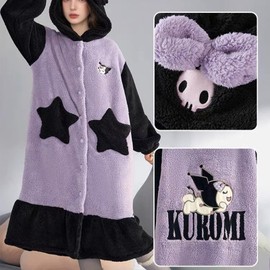 Hooded Robe Bathrobes Cartoon Anime Robes for Women Teens with Cute Hair Tie Sleepwear Onesie (CA/US, Alpha, Large, Regular, Regular, Purple)