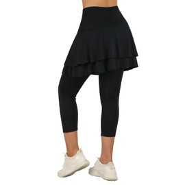 ANIVIVO Skirted Leggings for Women Capri, Athletic Tennis Skirt with Leggings Golf Pickleball Clothes with Pockets(Black L)