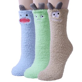 Loritta 3 Pairs Womens Fuzzy Socks Winter Warm Fluffy Soft Slipper Home Sleeping Cute Animal Socks,N-Monsters