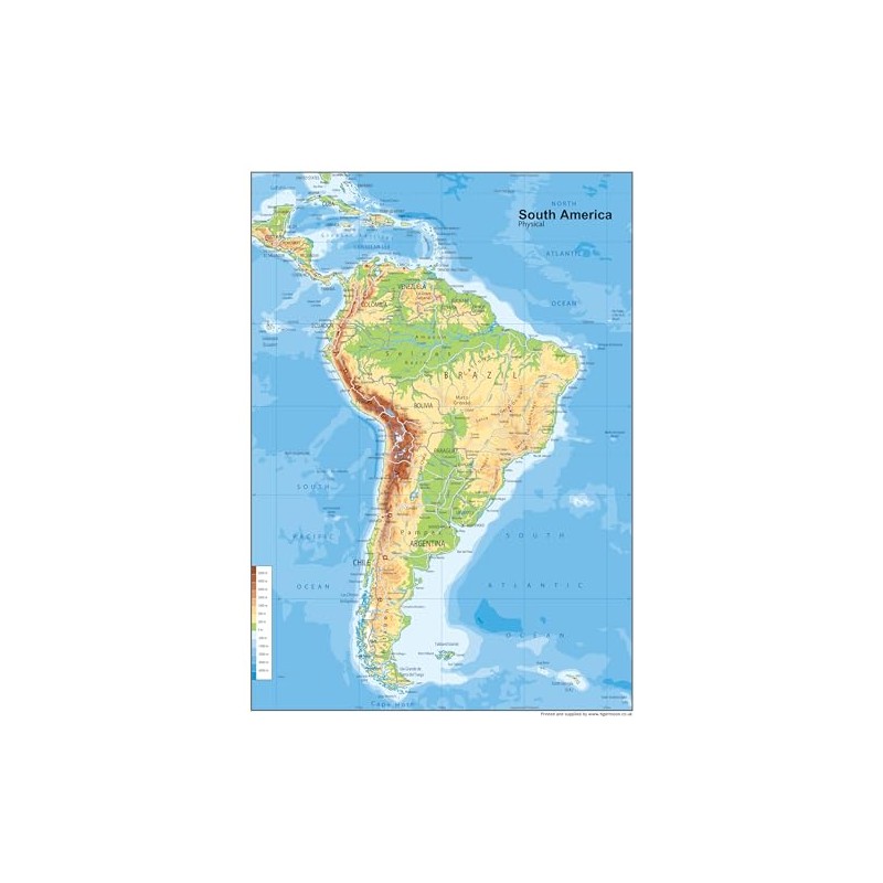 South America Physical Map - 23.3 x 16.5 Inches -